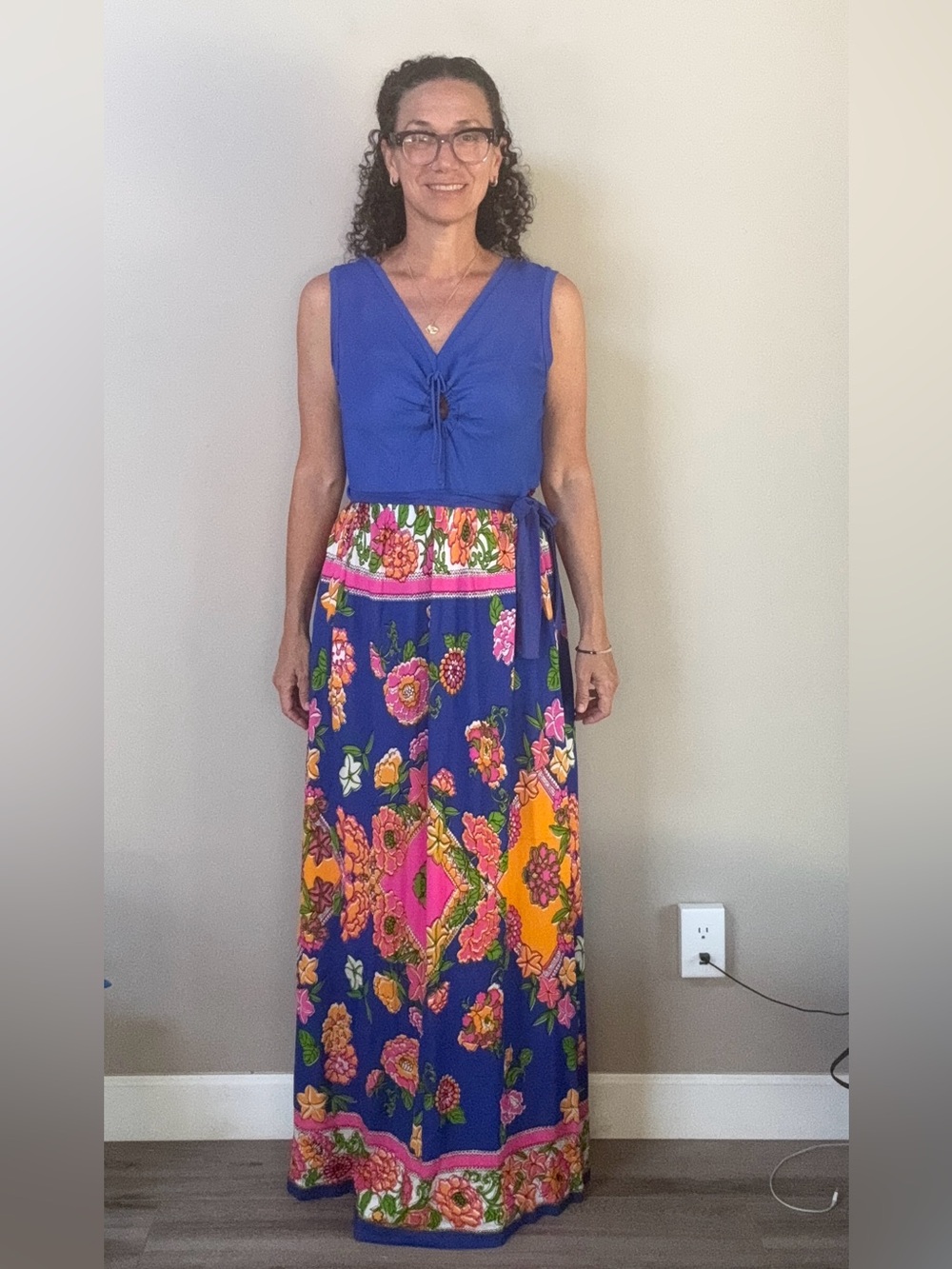 VTG 60s 70s Royal Blue Floral psychedelic   Floral Keyhole sleeveless Maxidress
